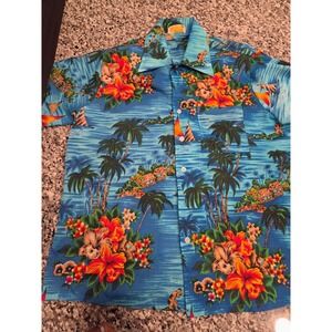 Vintage Aloha Hawaiian Shirt Mens Large Blue Tropical Floral Palm Tree RN 42828